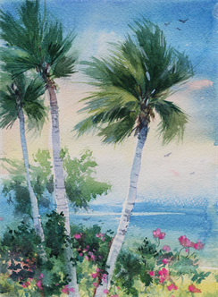 Watercolor- Palms with Hibiscus