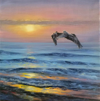 Joyfully Painting In Oil- Pelican at Sunset