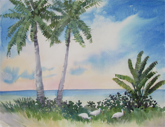 Watercolor/Gouache-Palms with Ibis